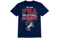 A navy blue short-sleeve t-shirt with a graphic print that reads 'I'M AN FSA VOLLEYBALL PARENT' in red and white, featuring a volleyball and a white horse mascot illustration on the front.