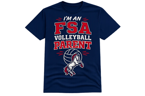 A navy blue short-sleeve t-shirt with a graphic print that reads 'I'M AN FSA VOLLEYBALL PARENT' in red and white, featuring a volleyball and a white horse mascot illustration on the front.